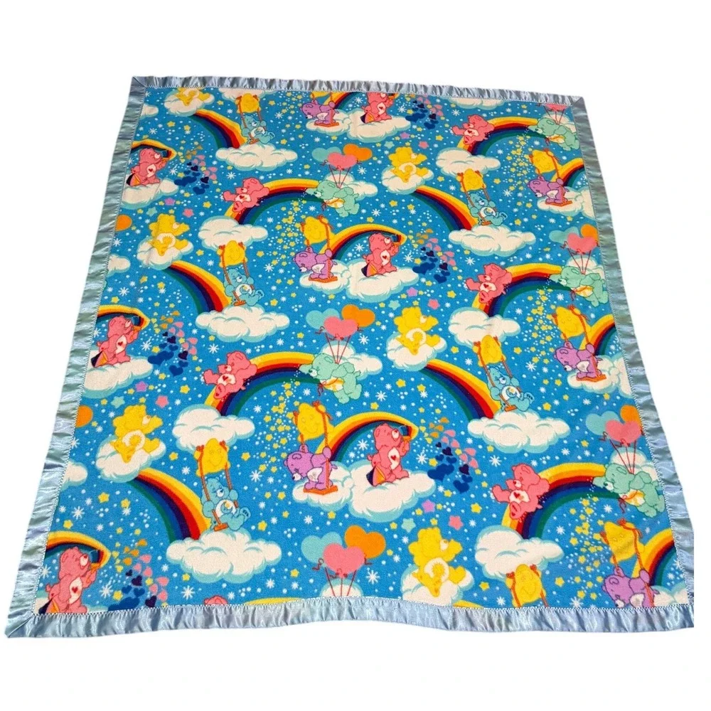 Care Bears Fleece Baby Blanket Rainbow Clouds Blue Satin Trim Vintage 60x65